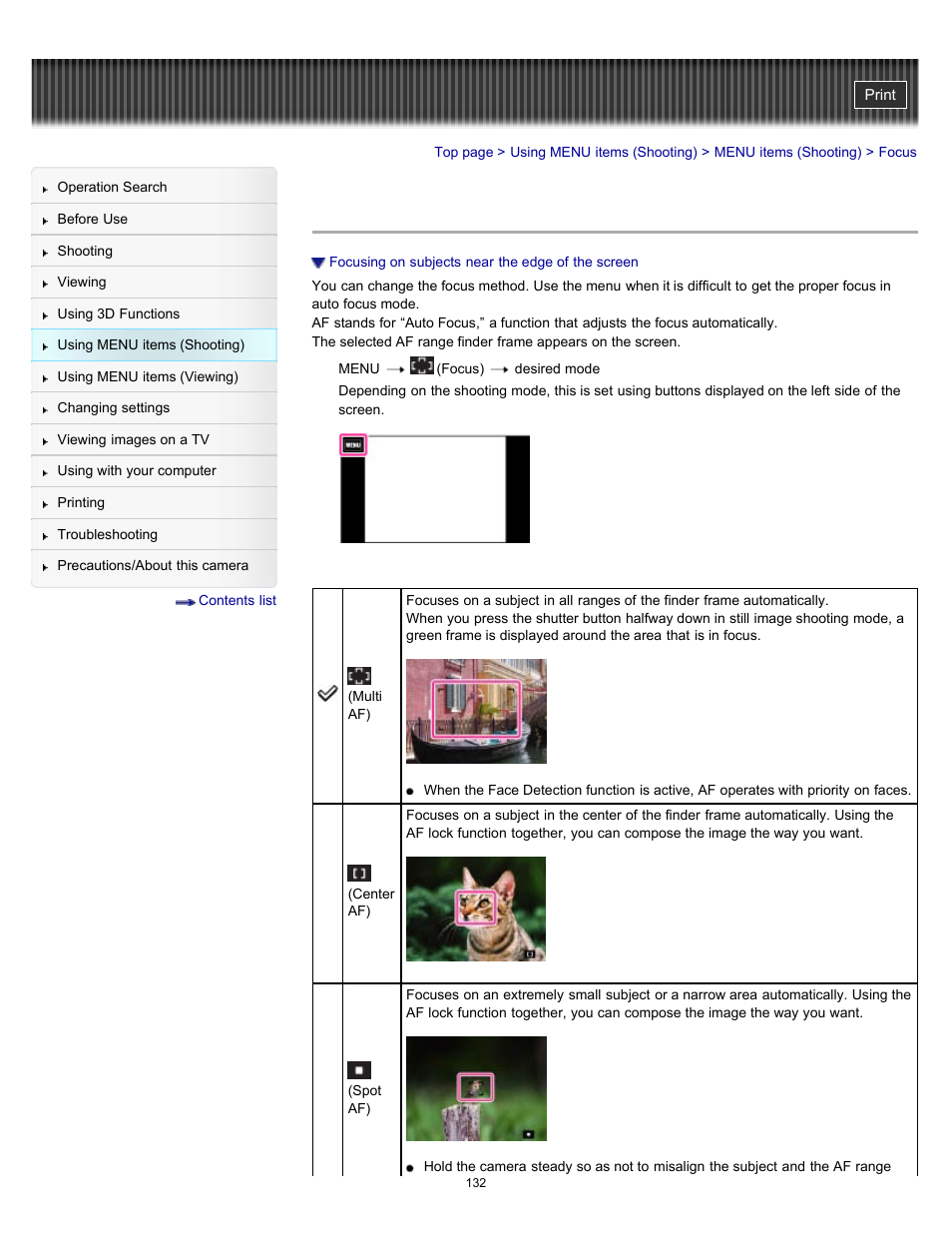 Focus, Details | Sony DSC-TX55 User Manual | Page 132 / 275