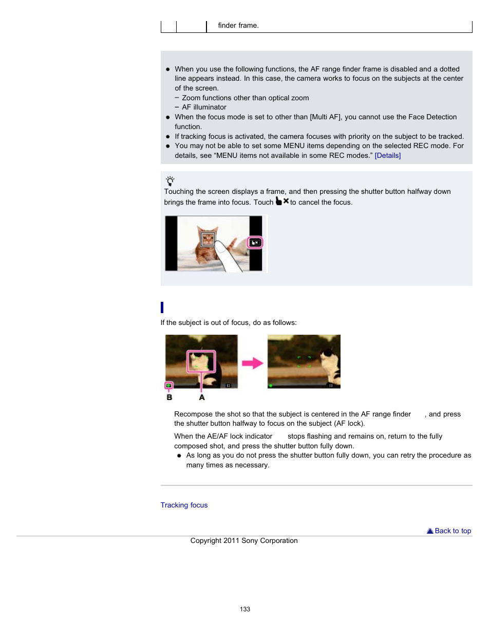 Focusing on subjects near the edge of the screen | Sony DSC-TX55 User Manual | Page 133 / 275