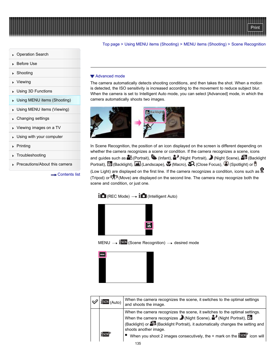 Scene recognition, Details | Sony DSC-TX55 User Manual | Page 135 / 275