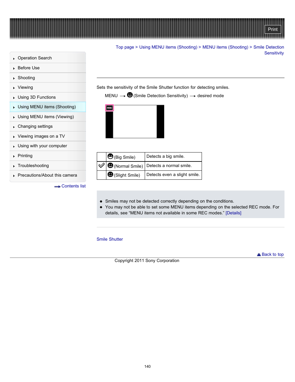 Smile detection sensitivity | Sony DSC-TX55 User Manual | Page 140 / 275