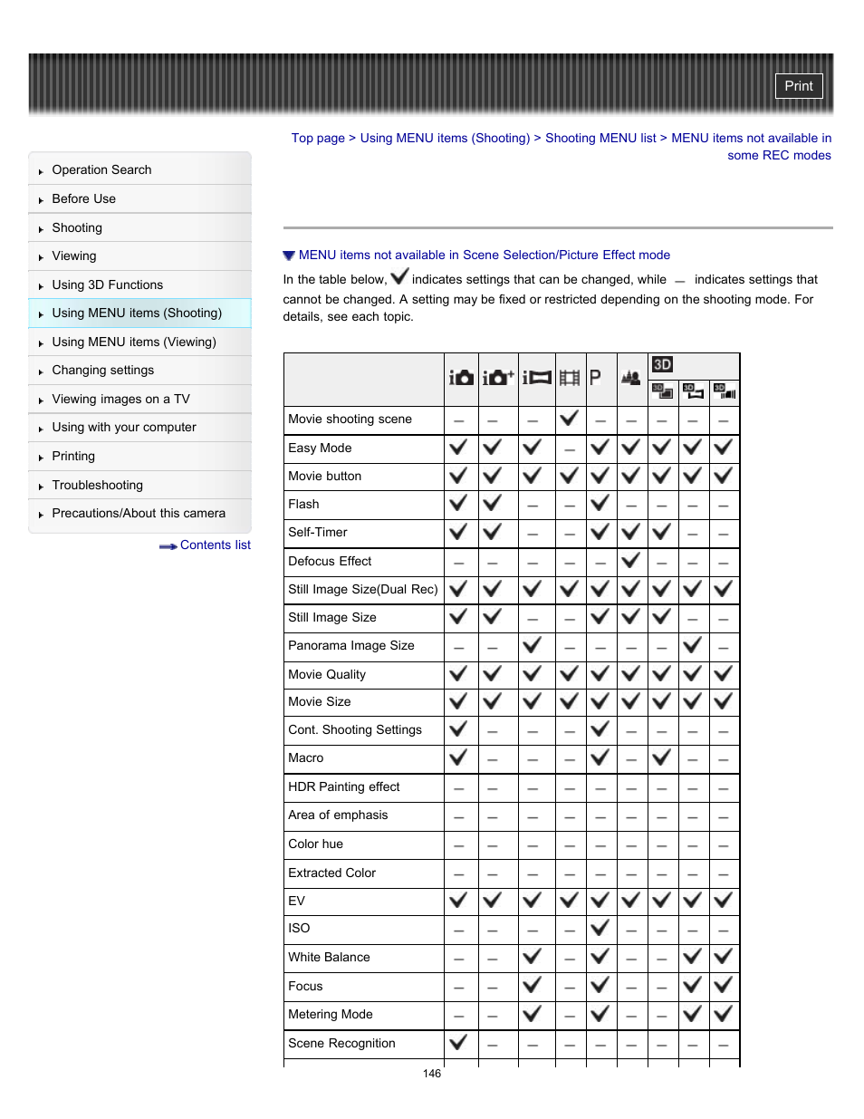 Menu items not available in some rec modes, Details | Sony DSC-TX55 User Manual | Page 146 / 275