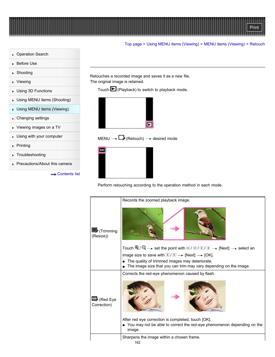 Retouch, Trimming (resize)) | Sony DSC-TX55 User Manual | Page 162 / 275