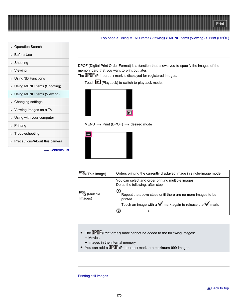 Print (dpof) | Sony DSC-TX55 User Manual | Page 170 / 275