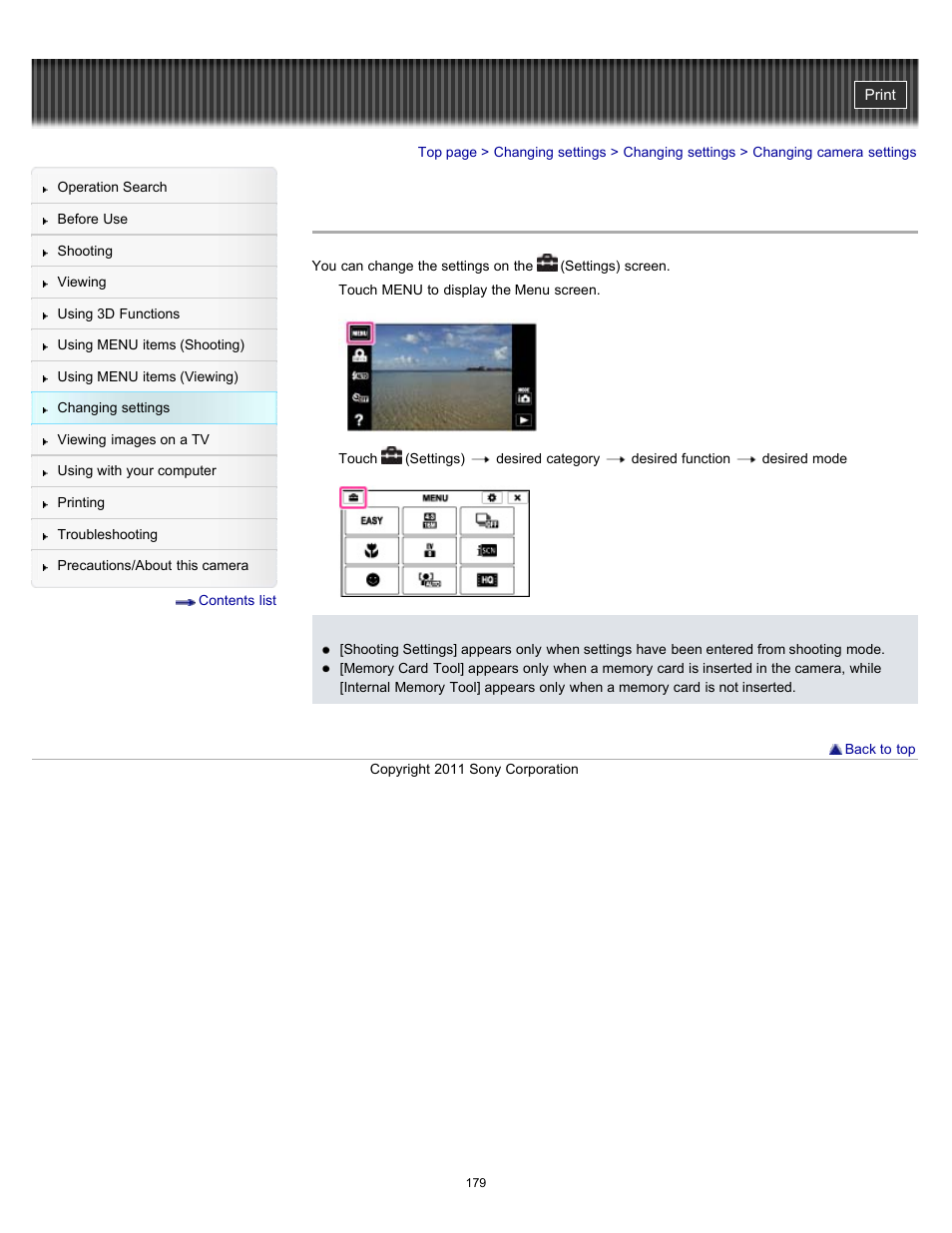 Changing camera settings | Sony DSC-TX55 User Manual | Page 179 / 275