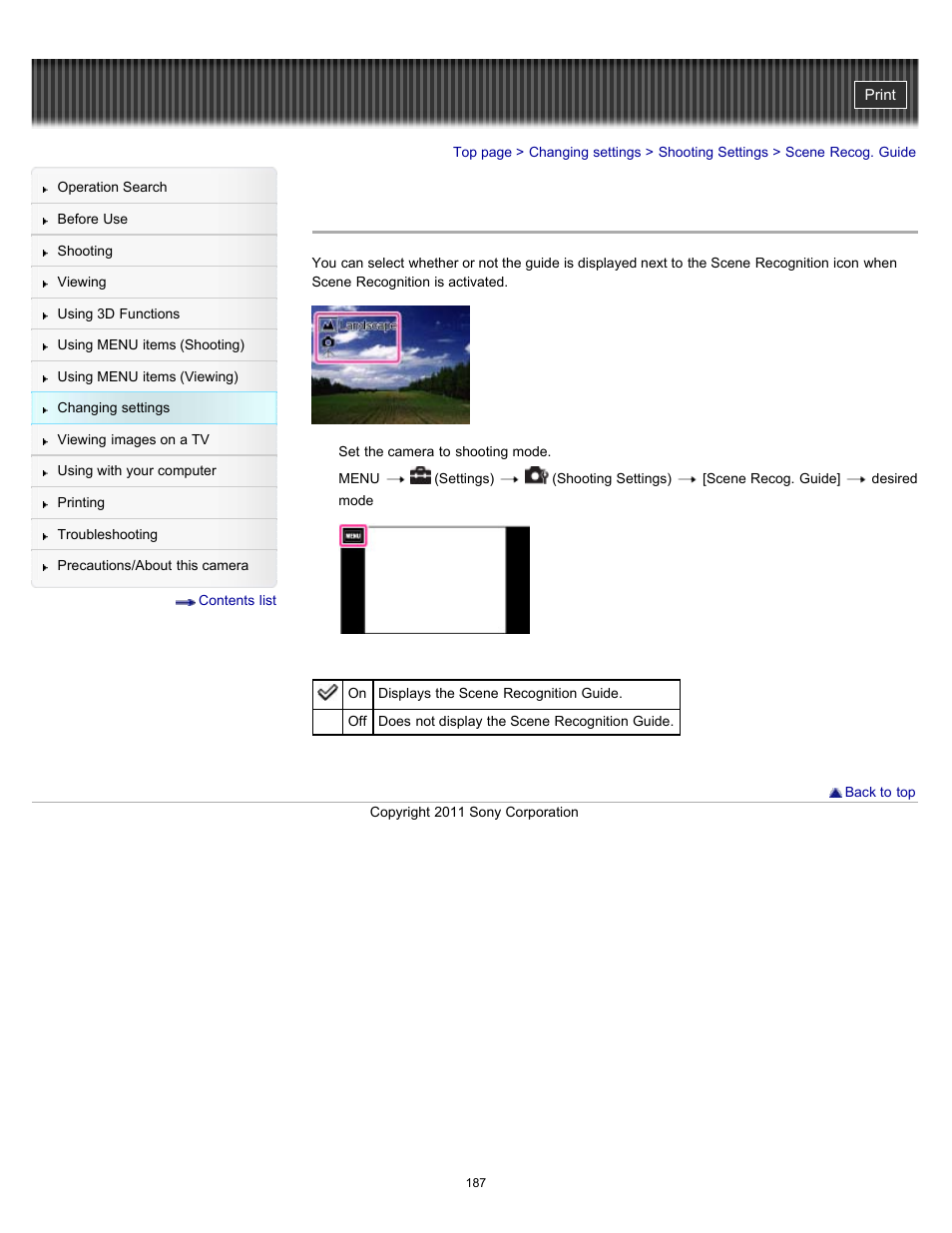 Scene recog. guide | Sony DSC-TX55 User Manual | Page 187 / 275