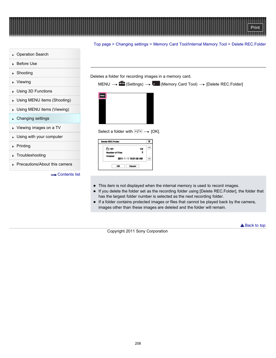 Delete rec.folder | Sony DSC-TX55 User Manual | Page 208 / 275