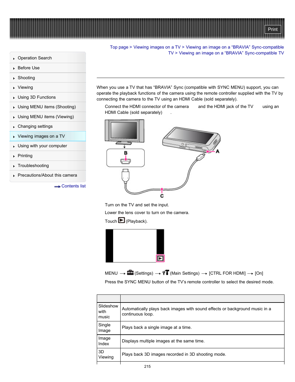 Viewing an image on a “bravia” sync-compatible tv, Details | Sony DSC-TX55 User Manual | Page 215 / 275