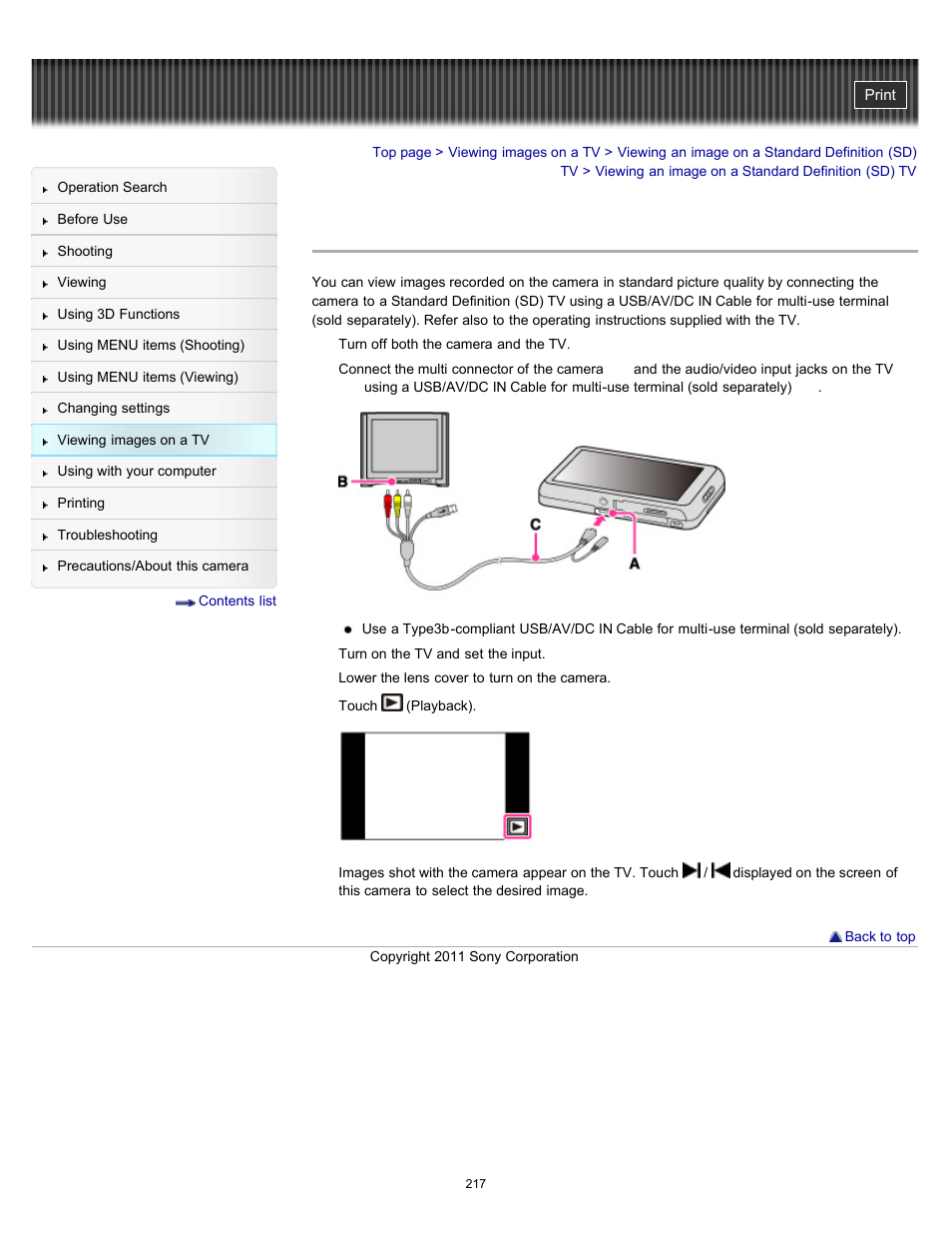 Viewing an image on a standard definition (sd) tv | Sony DSC-TX55 User Manual | Page 217 / 275