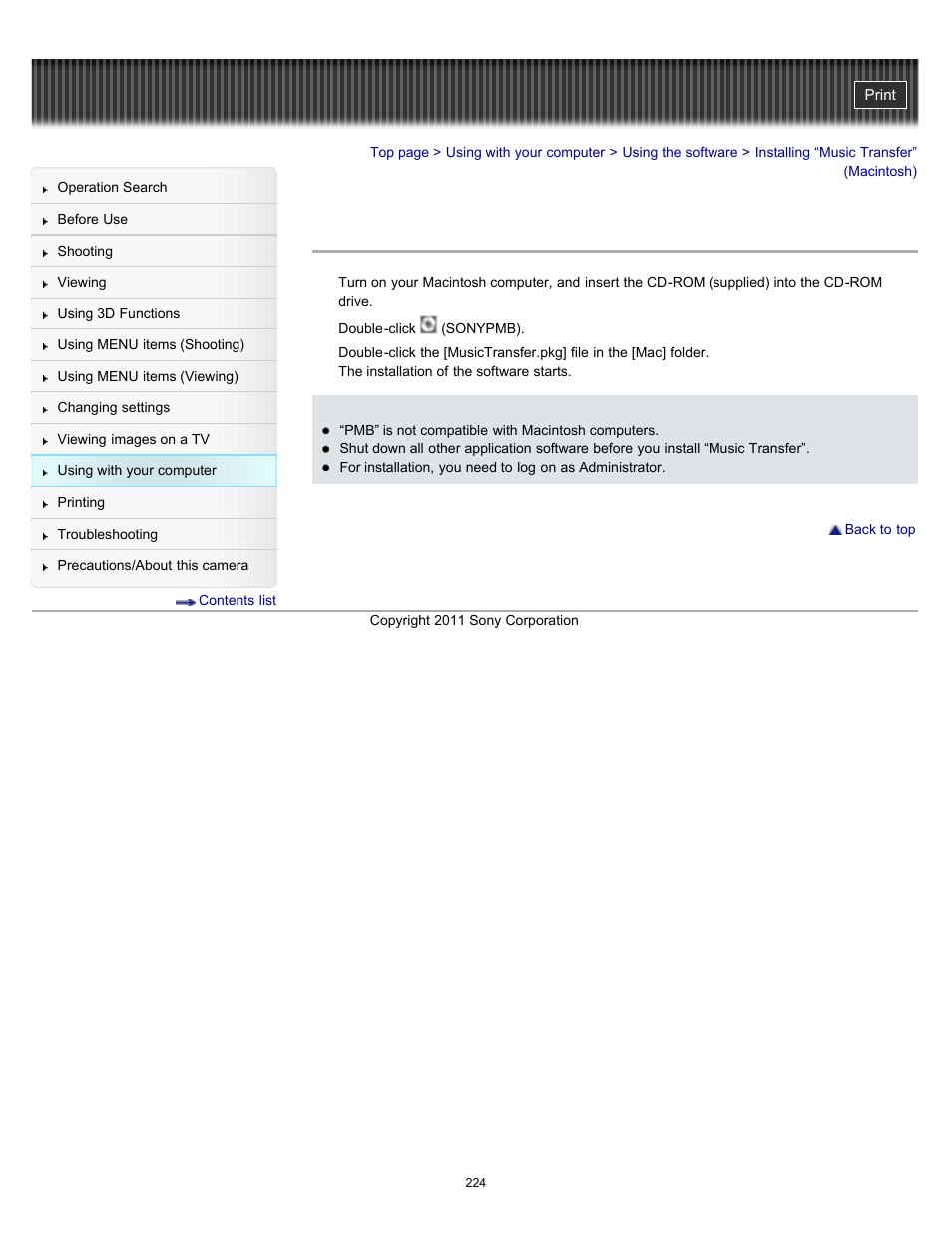 Installing “music transfer” (macintosh) | Sony DSC-TX55 User Manual | Page 224 / 275
