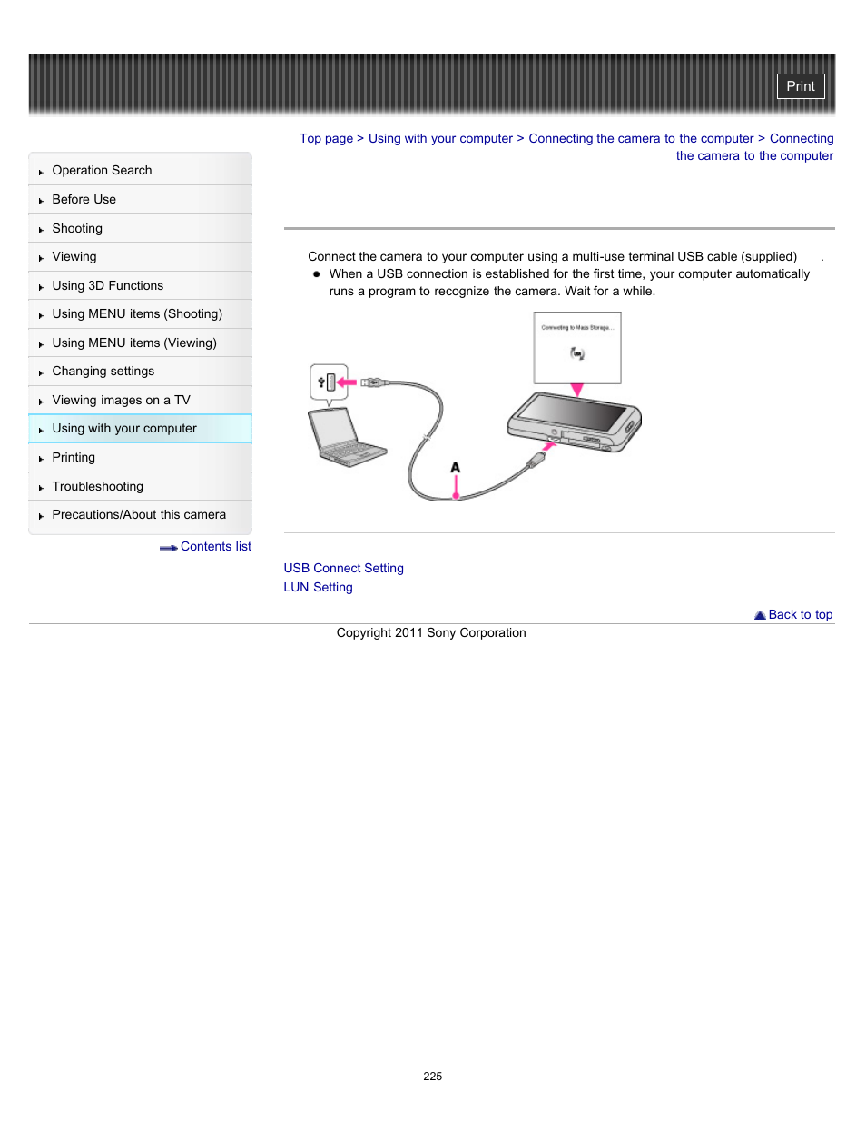 Connecting the camera to the computer | Sony DSC-TX55 User Manual | Page 225 / 275