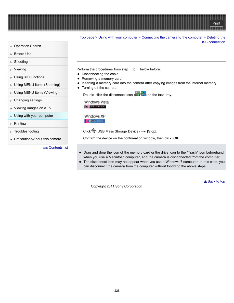 Deleting the usb connection | Sony DSC-TX55 User Manual | Page 228 / 275