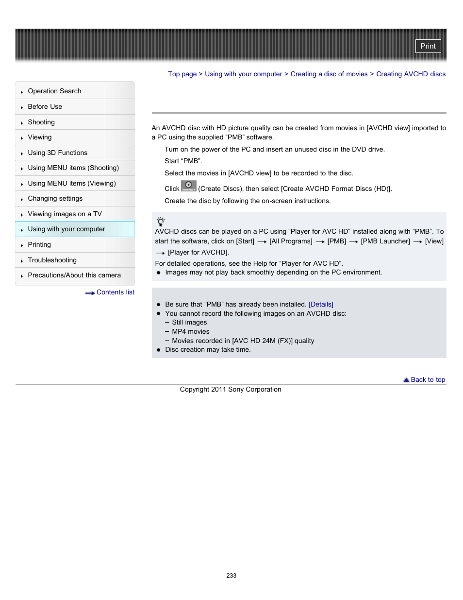 Creating avchd discs | Sony DSC-TX55 User Manual | Page 233 / 275