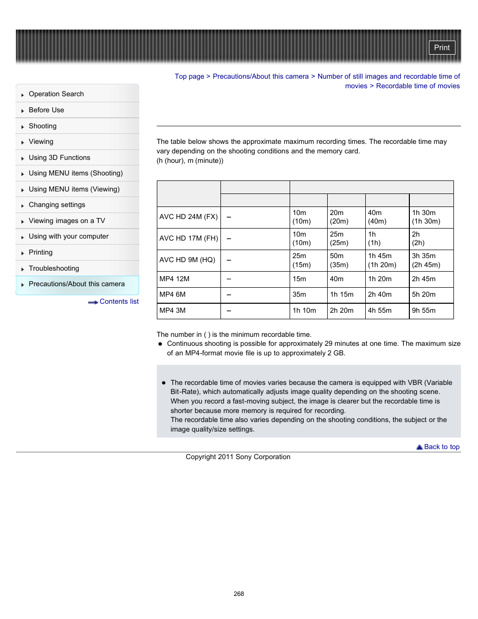 Recordable time of movies | Sony DSC-TX55 User Manual | Page 268 / 275