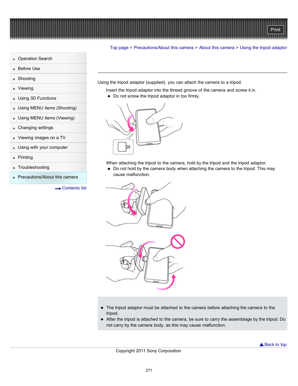 Using the tripod adaptor | Sony DSC-TX55 User Manual | Page 271 / 275