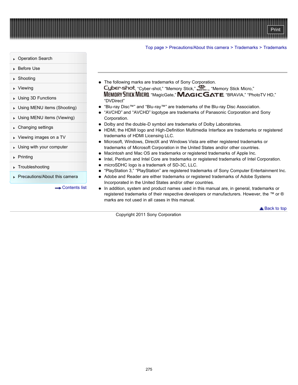 Trademarks | Sony DSC-TX55 User Manual | Page 275 / 275