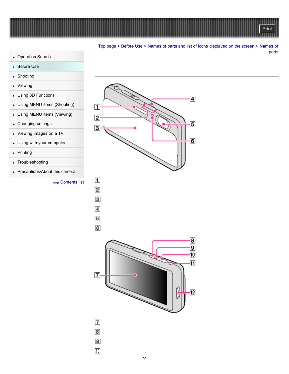 Names of parts | Sony DSC-TX55 User Manual | Page 29 / 275