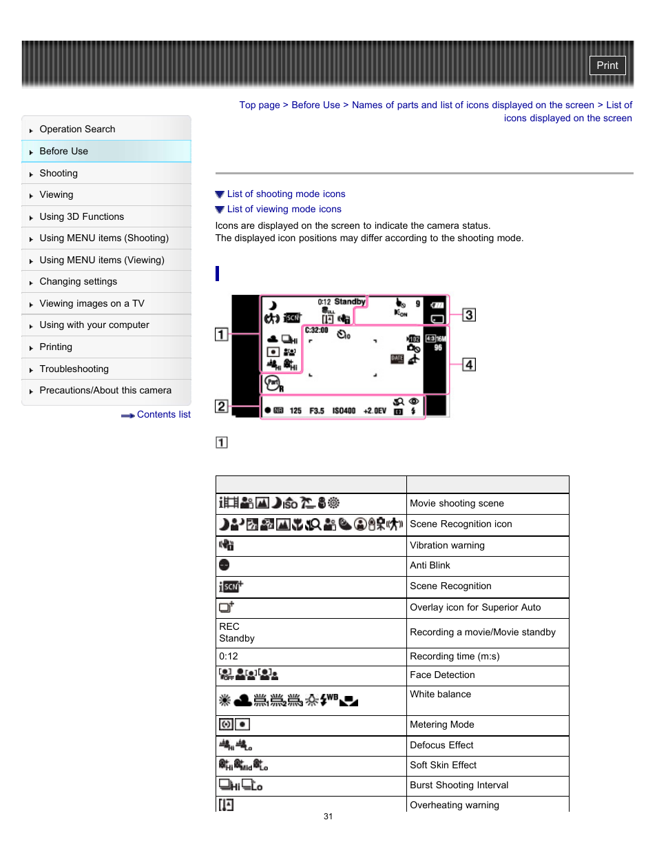 List of icons displayed on the screen | Sony DSC-TX55 User Manual | Page 31 / 275