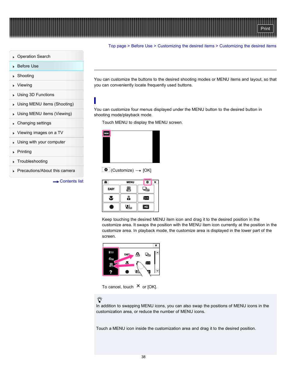 Customizing the desired items | Sony DSC-TX55 User Manual | Page 38 / 275