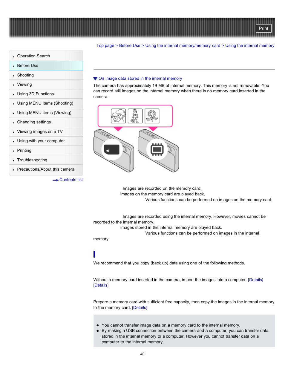 Using the internal memory | Sony DSC-TX55 User Manual | Page 40 / 275