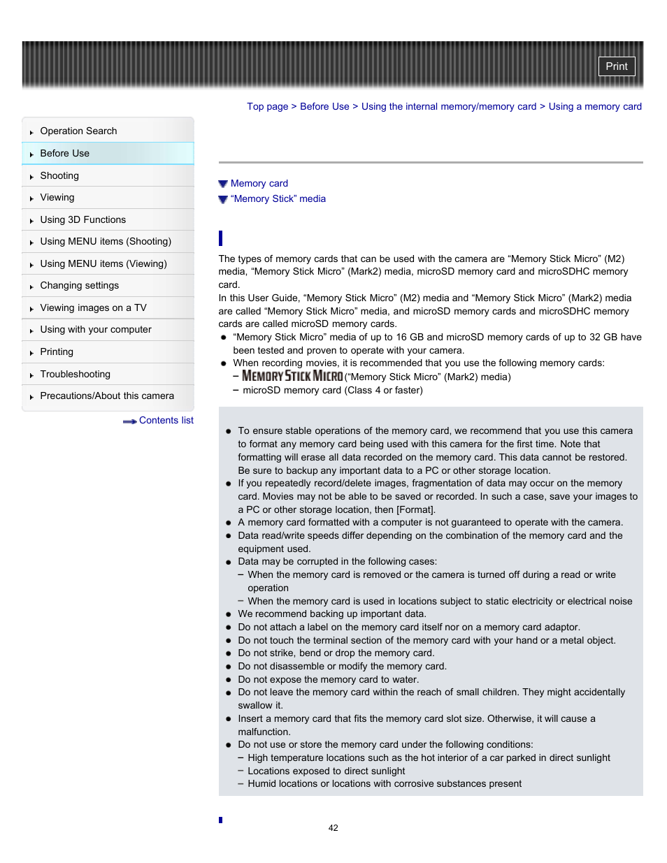 Using a memory card | Sony DSC-TX55 User Manual | Page 42 / 275