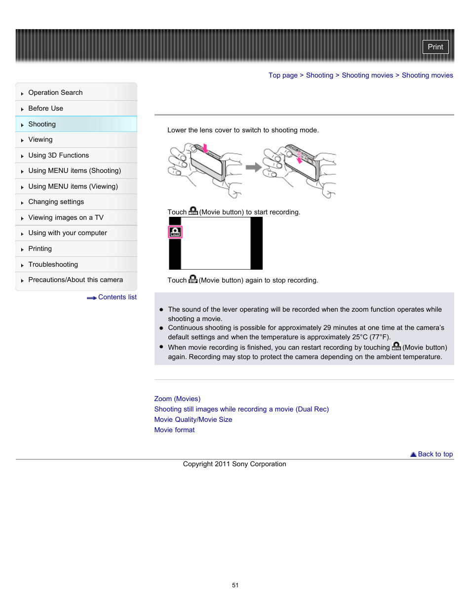 Shooting movies | Sony DSC-TX55 User Manual | Page 51 / 275