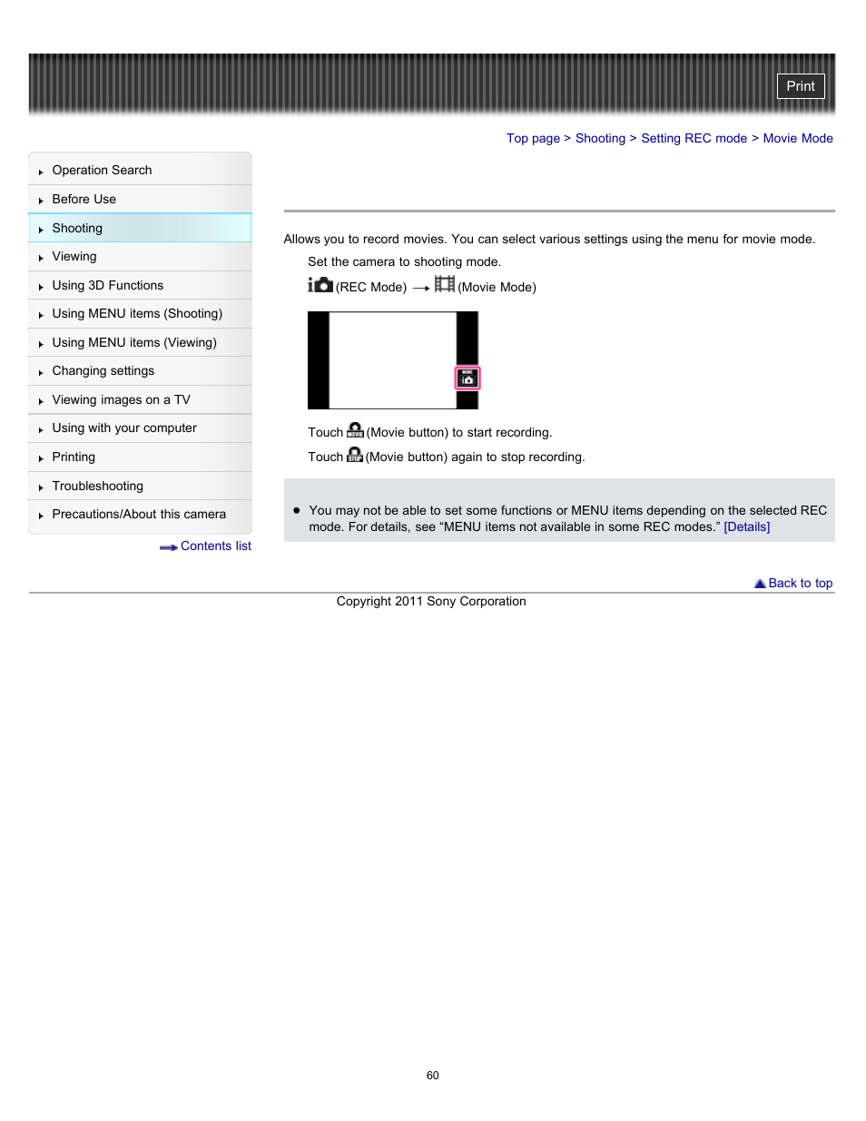 Movie mode, Details | Sony DSC-TX55 User Manual | Page 60 / 275