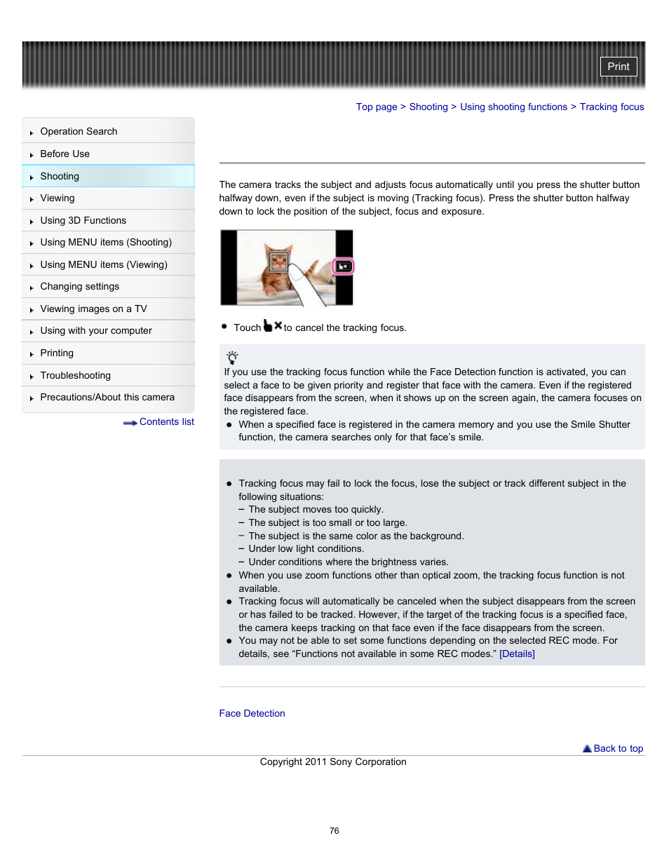 Tracking focus, Details | Sony DSC-TX55 User Manual | Page 76 / 275