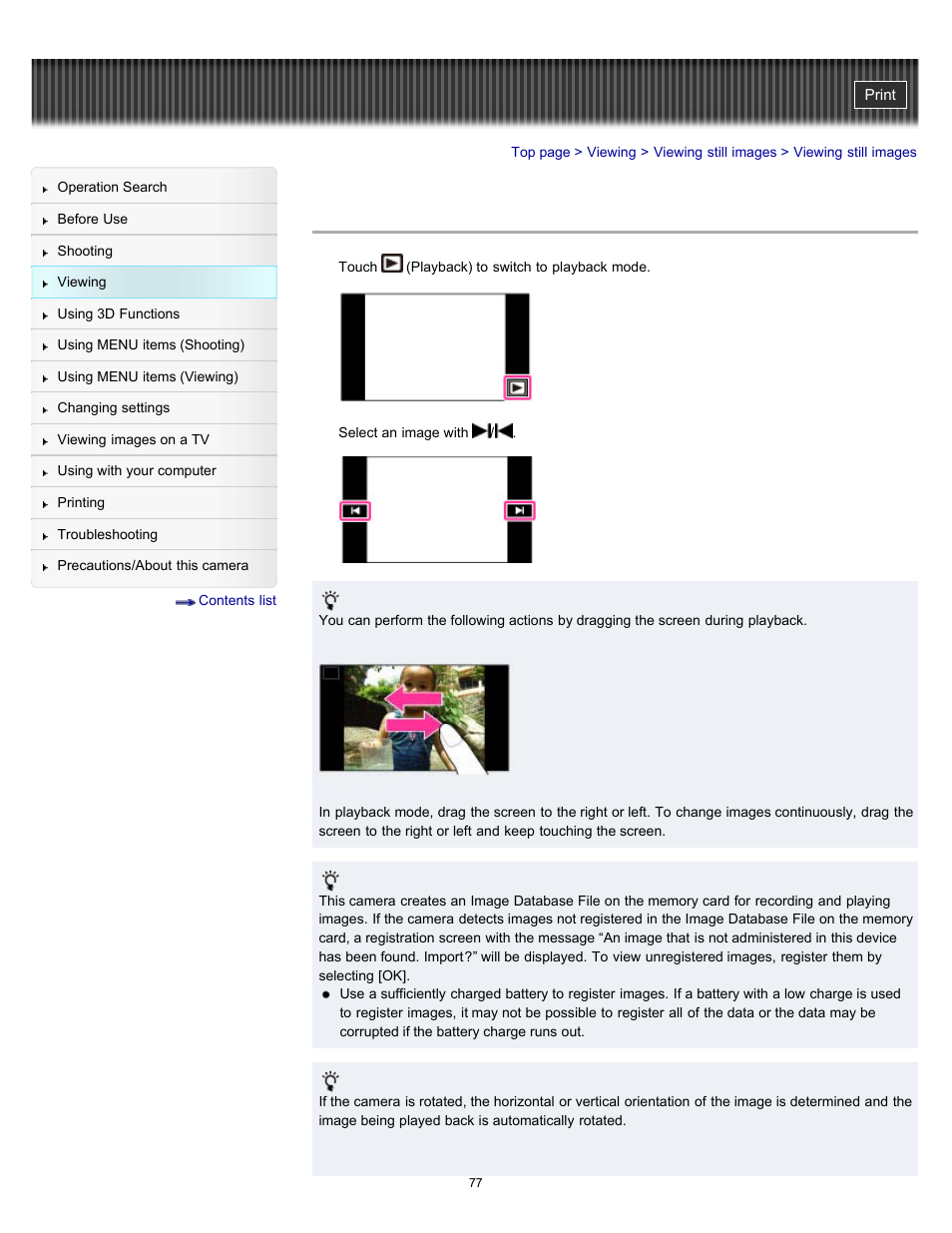 Viewing still images | Sony DSC-TX55 User Manual | Page 77 / 275