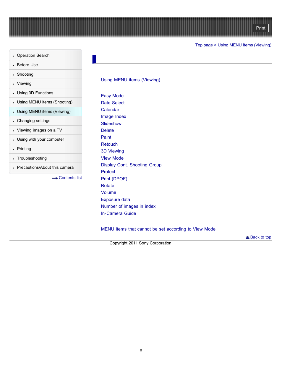 Using menu items (viewing) | Sony DSC-TX55 User Manual | Page 8 / 275