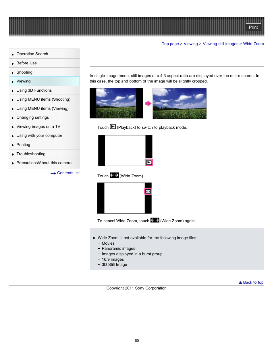 Wide zoom | Sony DSC-TX55 User Manual | Page 80 / 275