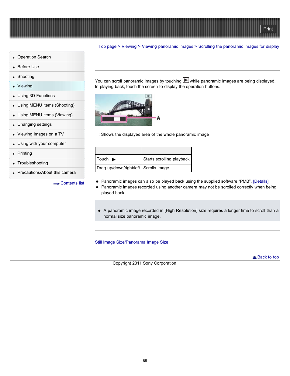 Scrolling the panoramic images for display | Sony DSC-TX55 User Manual | Page 85 / 275