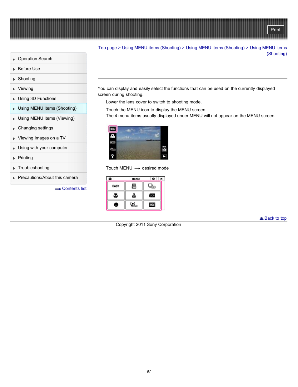 Using menu items (shooting) | Sony DSC-TX55 User Manual | Page 97 / 275