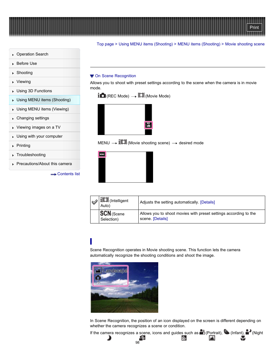 Movie shooting scene | Sony DSC-TX55 User Manual | Page 98 / 275