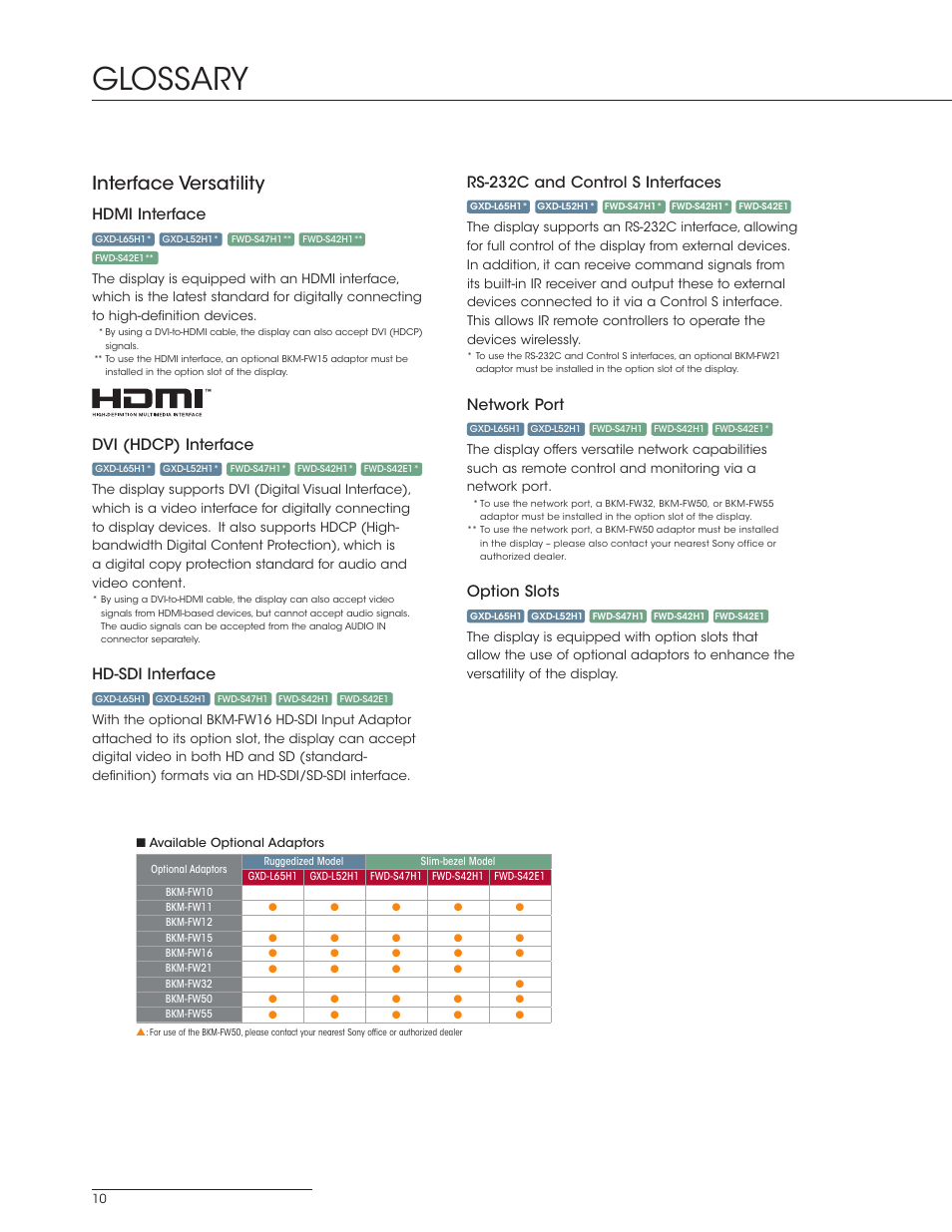 Glossary, Interface versatility, Rs-232c and control s interfaces | Network port, Option slots, Hdmi interface, Dvi (hdcp) interface, Hd-sdi interface | Sony FWD-S42E1 User Manual | Page 10 / 20