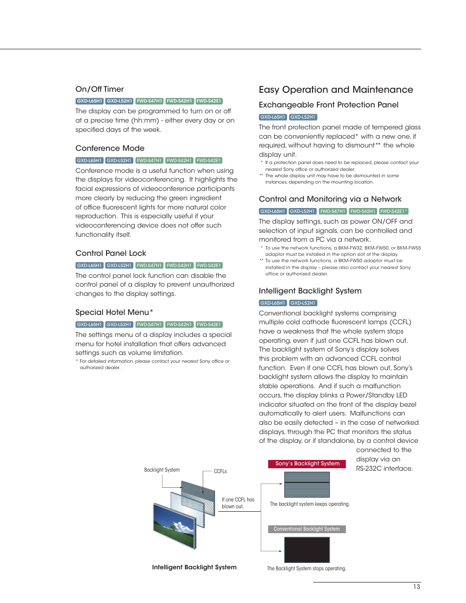 Easy operation and maintenance, Exchangeable front protection panel, Control and monitoring via a network | Intelligent backlight system, On/off timer, Conference mode, Control panel lock, Special hotel menu | Sony FWD-S42E1 User Manual | Page 13 / 20