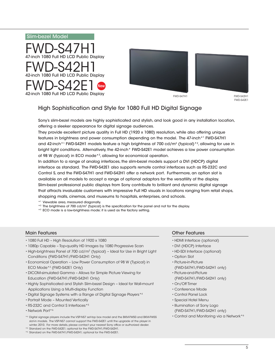 Fwd-s47h1, Fwd-s42h1, Fwd-s42e1 | Slim-bezel model | Sony FWD-S42E1 User Manual | Page 5 / 20