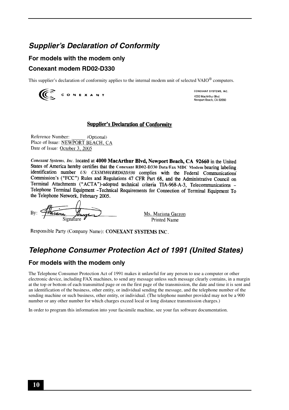 Supplier’s declaration of conformity | Sony VGN-CS390D User Manual | Page 10 / 28