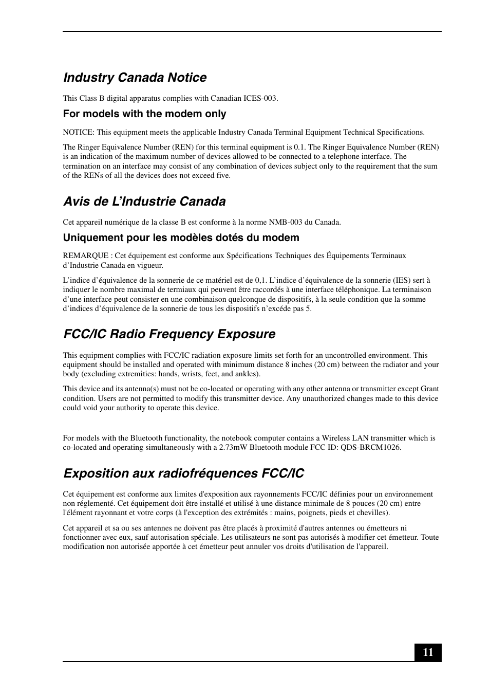 Industry canada notice, Avis de l’industrie canada, Fcc/ic radio frequency exposure | Exposition aux radiofréquences fcc/ic | Sony VGN-CS390D User Manual | Page 11 / 28