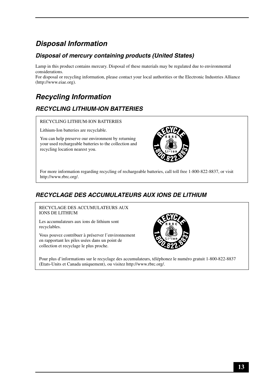 Disposal information, Recycling information | Sony VGN-CS390D User Manual | Page 13 / 28