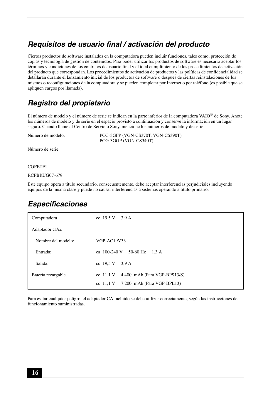 Registro del propietario, Especificaciones | Sony VGN-CS390D User Manual | Page 16 / 28