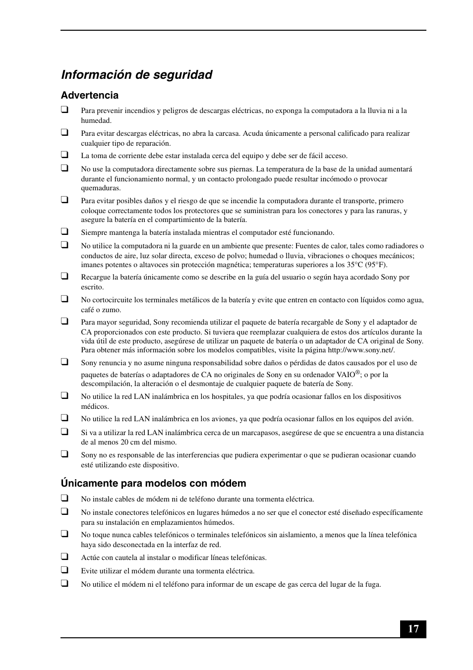Información de seguridad | Sony VGN-CS390D User Manual | Page 17 / 28