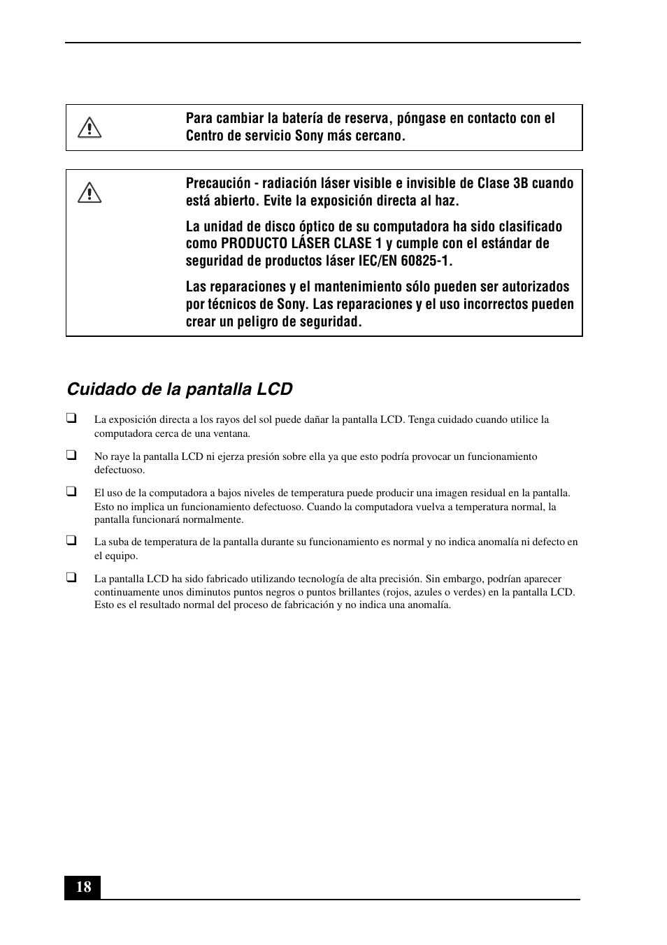 Cuidado de la pantalla lcd | Sony VGN-CS390D User Manual | Page 18 / 28