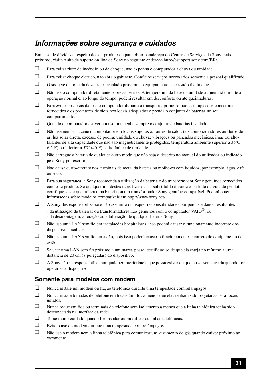Informações sobre segurança e cuidados | Sony VGN-CS390D User Manual | Page 21 / 28