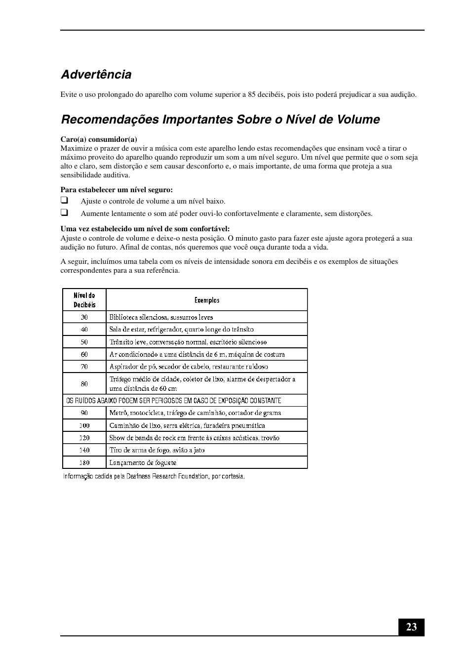 Advertência, Recomendações importantes sobre o nível de volume | Sony VGN-CS390D User Manual | Page 23 / 28