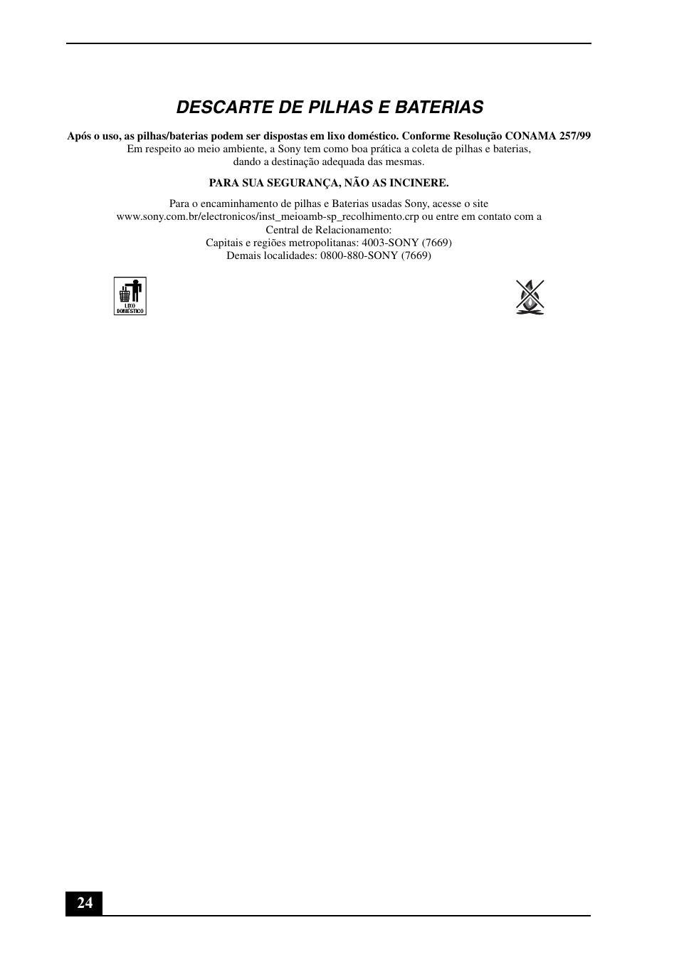 Descarte de pilhas e baterias | Sony VGN-CS390D User Manual | Page 24 / 28