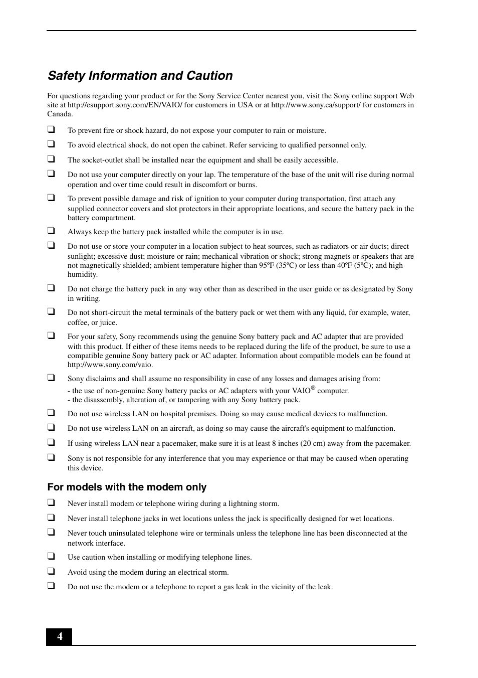 Safety information and caution | Sony VGN-CS390D User Manual | Page 4 / 28
