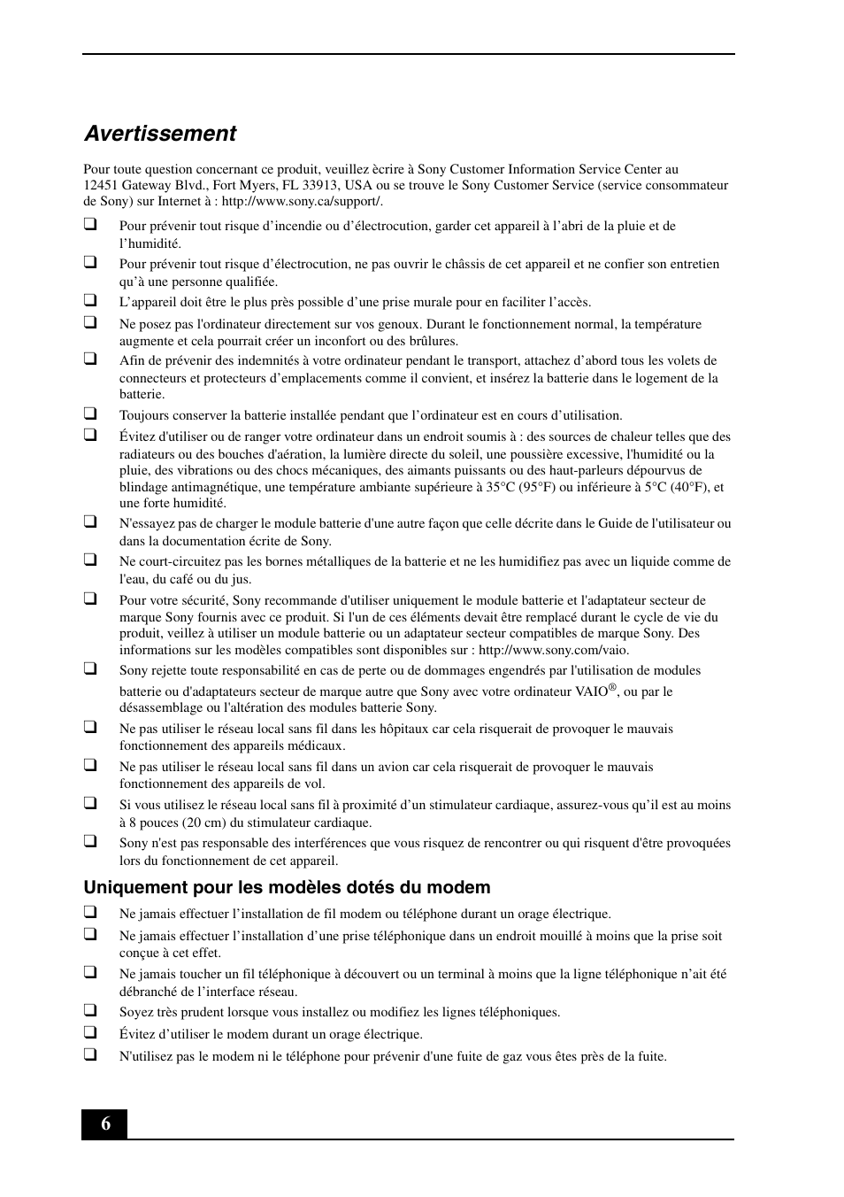 Avertissement | Sony VGN-CS390D User Manual | Page 6 / 28