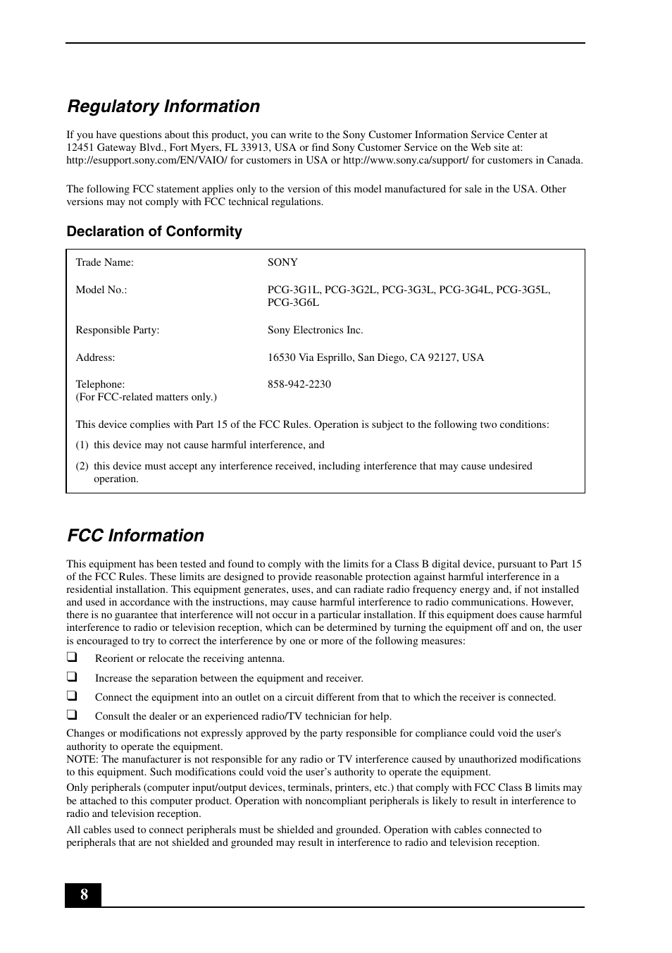 Regulatory information, Fcc information, Declaration of conformity | Sony VGN-CS390D User Manual | Page 8 / 28