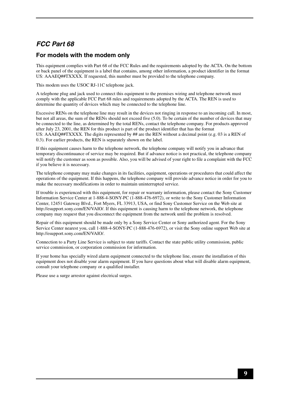9fcc part 68, For models with the modem only | Sony VGN-CS390D User Manual | Page 9 / 28