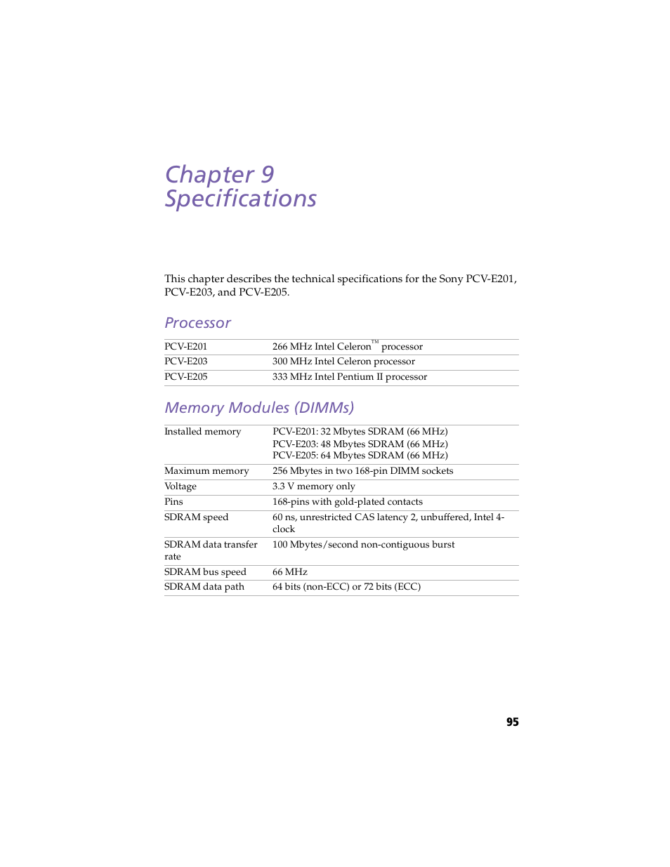 Specifications, Processor, Memory modules (dimms) | Chapter 9 — specifications, Processor memory modules (dimms), Chapter 9 specifications | Sony PCV-E203 User Manual | Page 103 / 112